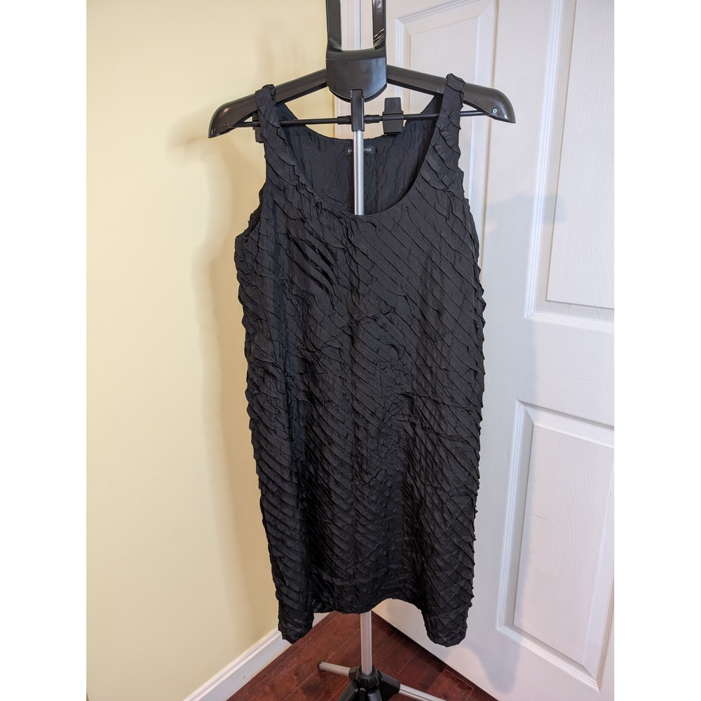 Eileen Fisher Silk Ruffle Shift Dress Black Sleeveless Textured Lined - Size 8